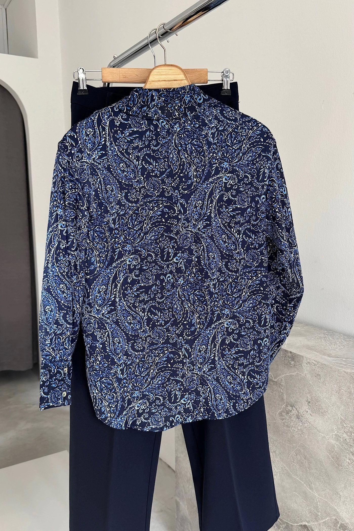 Vegles Navy Blue Paisley Print Button-Down Over-Size Shirt