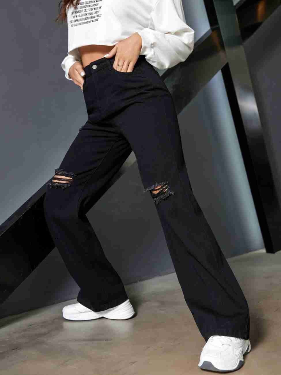 Vegles Women's Black Distressed Wide-Leg Jeans