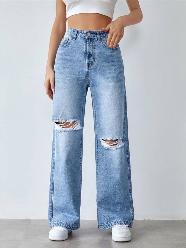 Vegles Women's Light Blue Ripped Wide-Leg Jeans