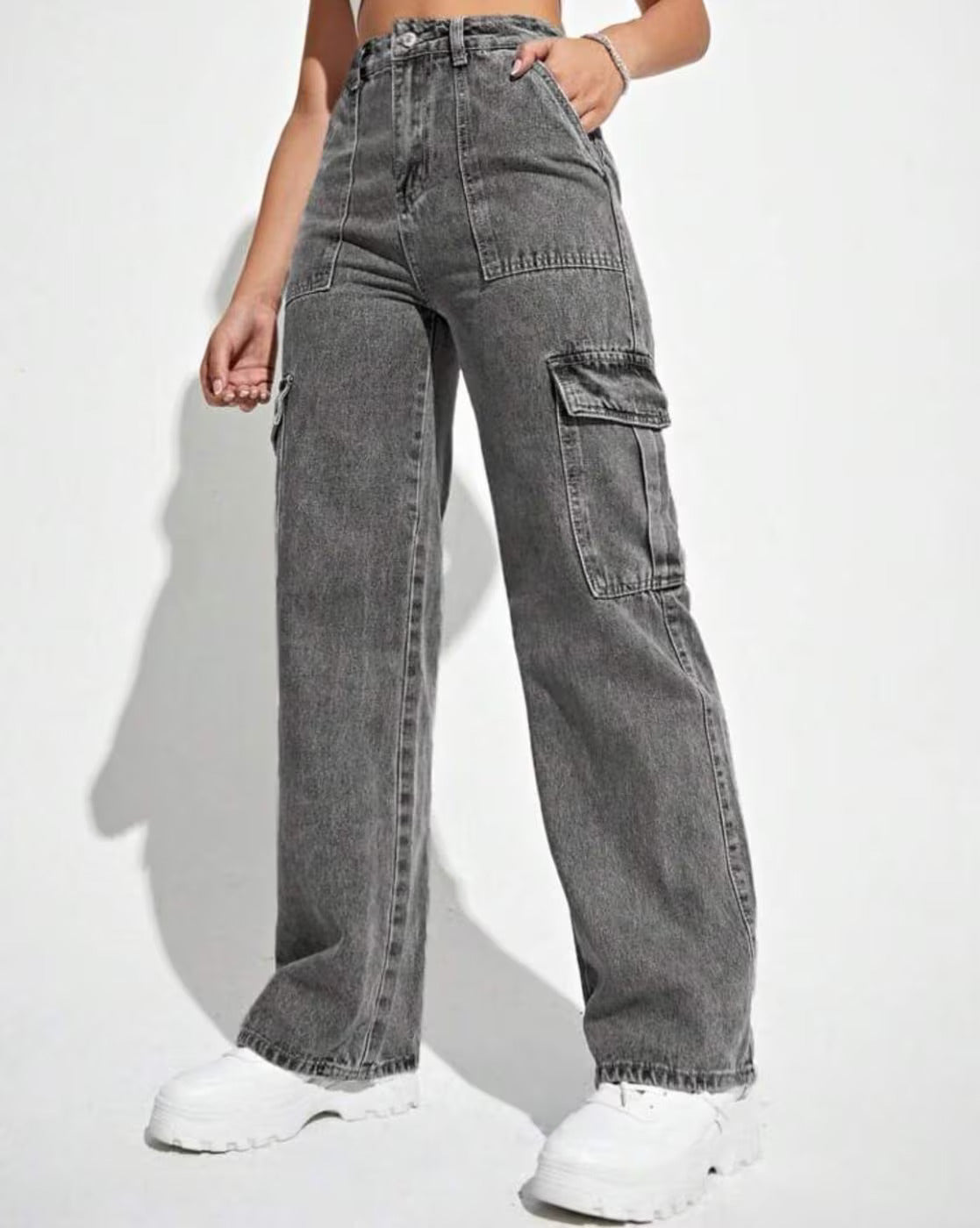 Vegles Women's Grey High-Waisted Cargo Denim Jeans