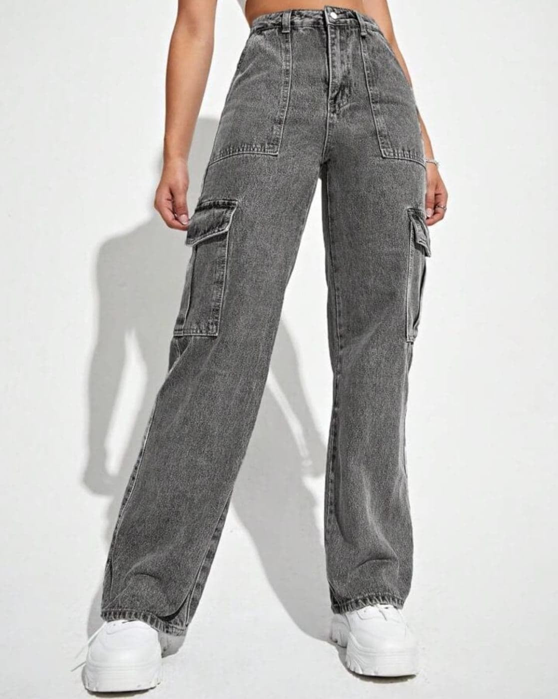 Vegles Women's Grey High-Waisted Cargo Denim Jeans