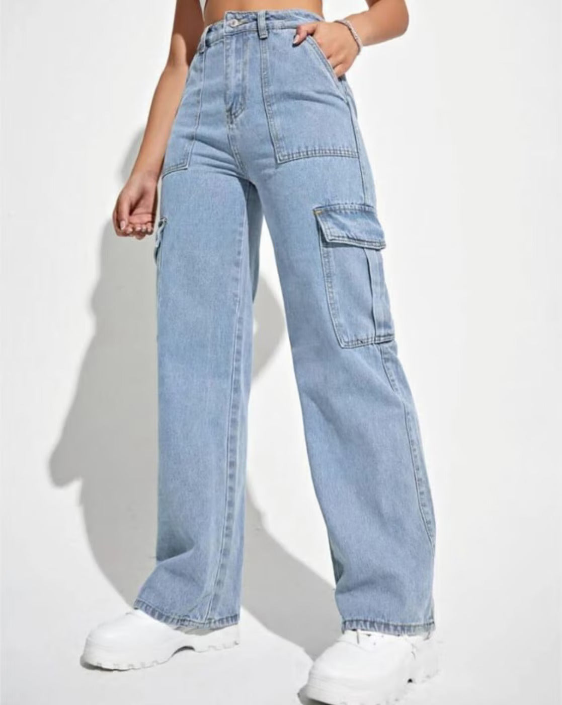 Vegles Women's High-Waist Wide-Leg Cargo Jeans – Light Blue
