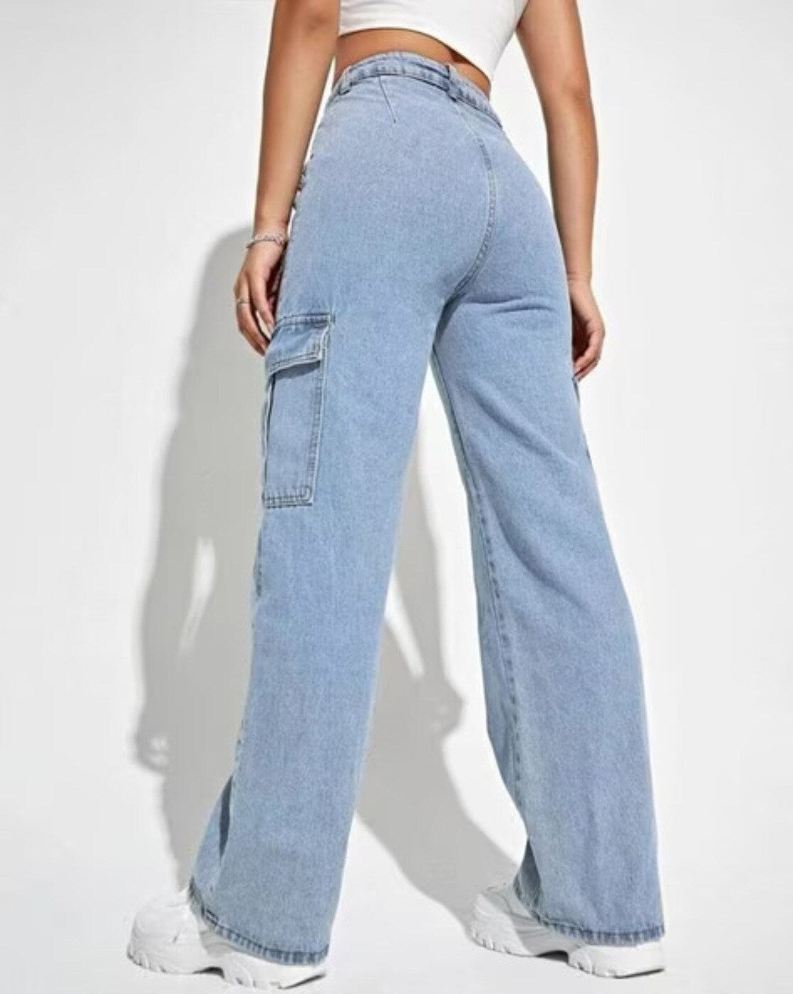 Vegles Women's High-Waist Wide-Leg Cargo Jeans – Light Blue