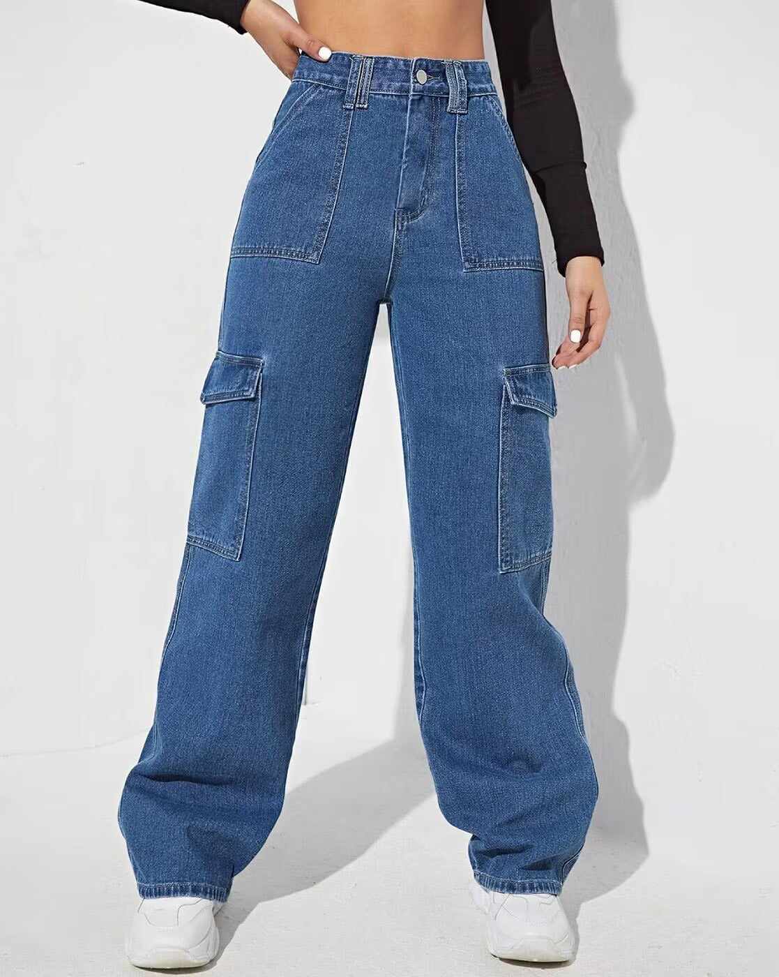 Vegles Women’s Blue Cargo Wide-Leg Jeans