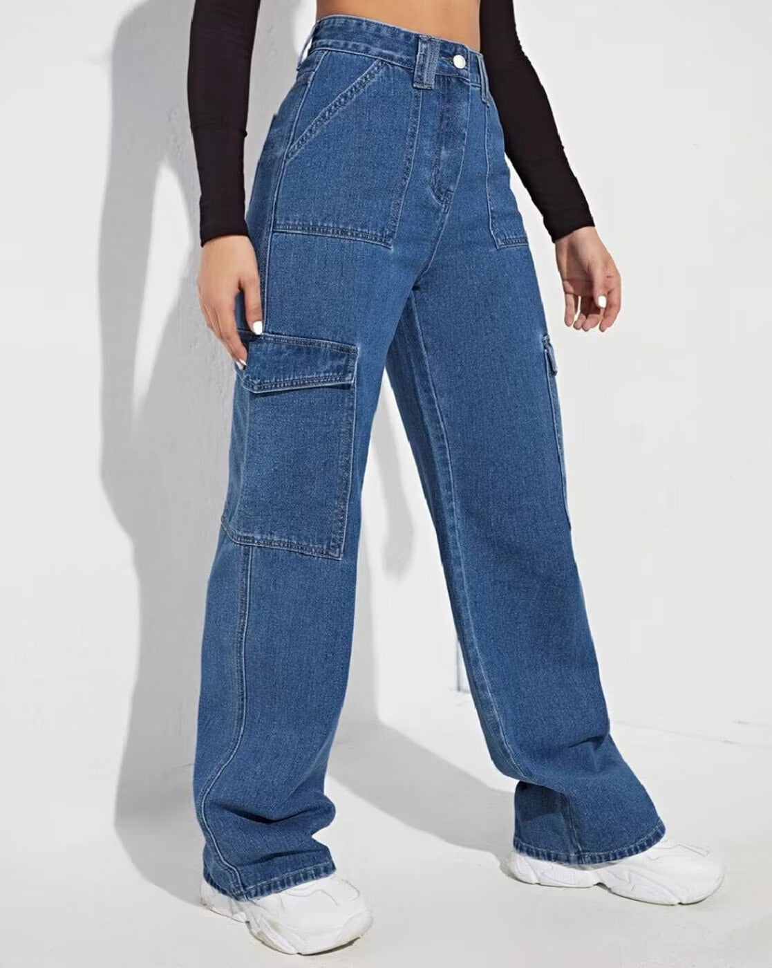 Vegles Women’s Blue Cargo Wide-Leg Jeans