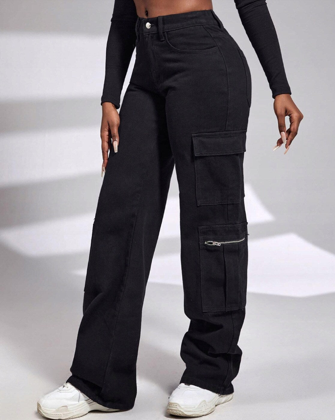Vegles Women's Black Cargo Pants – High Waist, Wide Leg