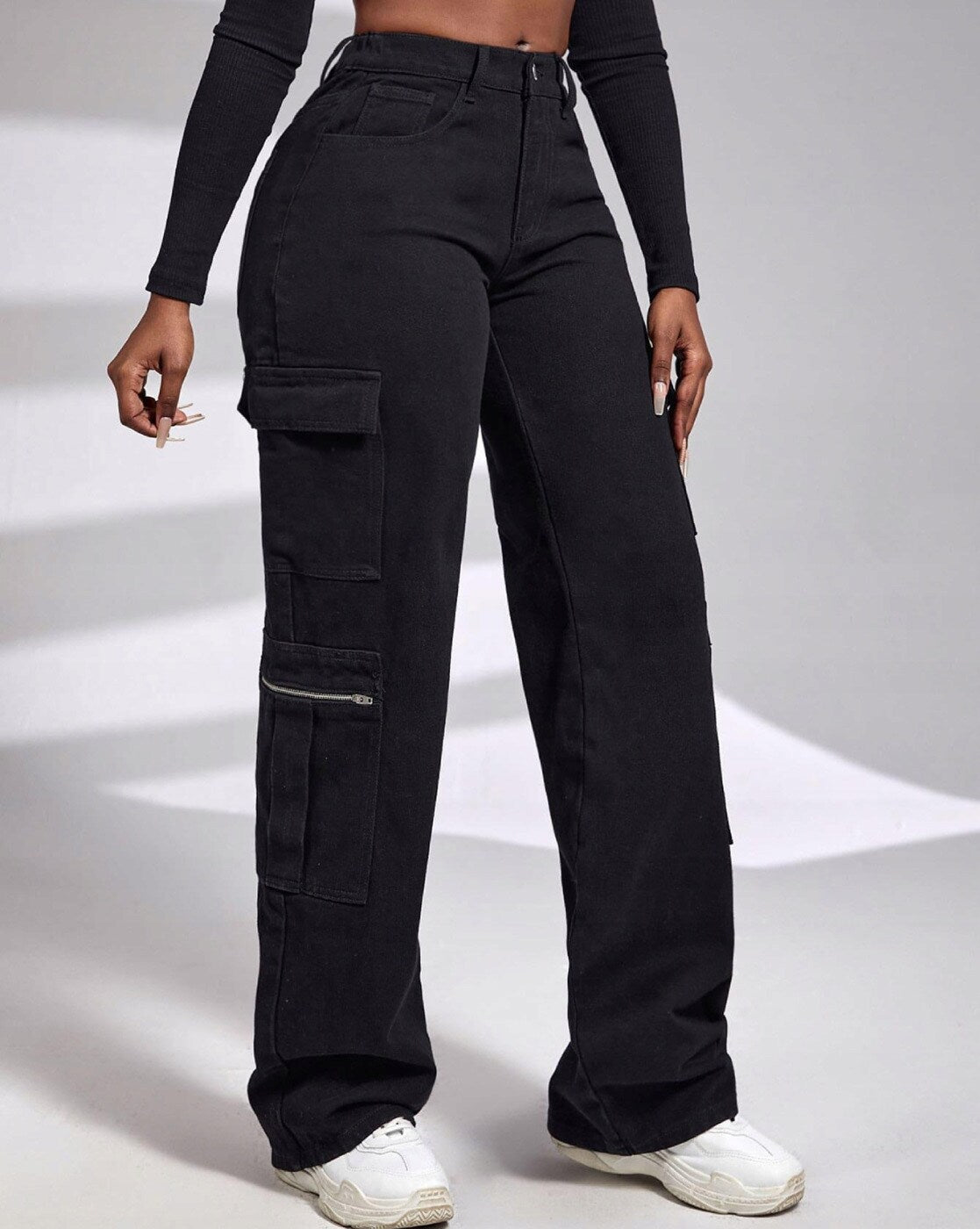 Vegles Women's Black Cargo Pants – High Waist, Wide Leg