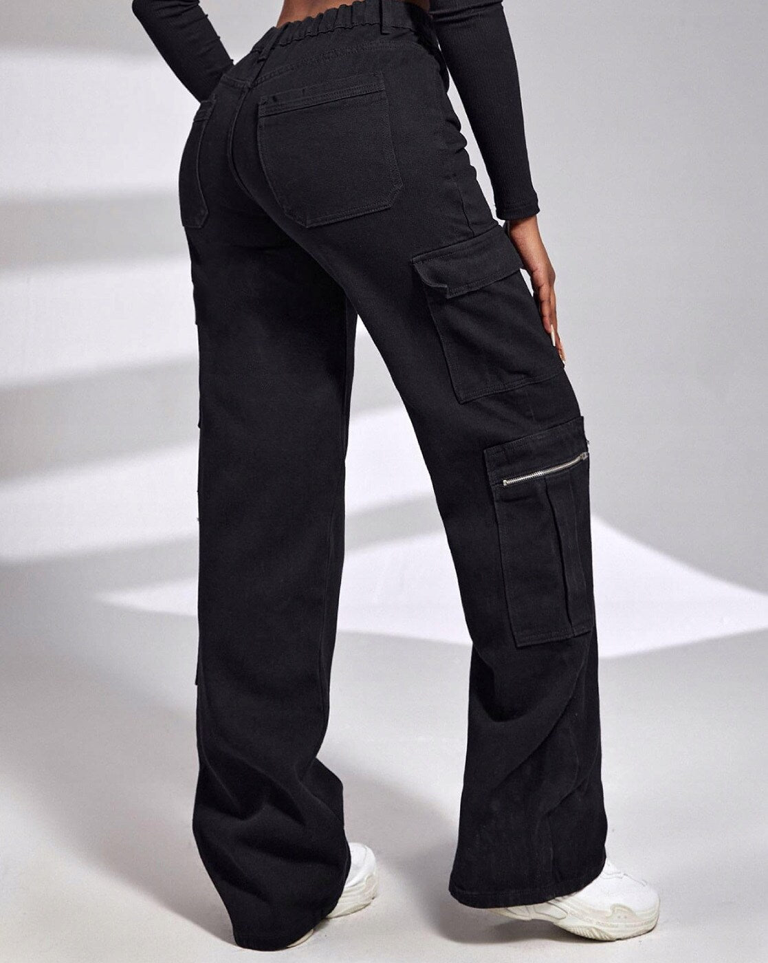 Vegles Women's Black Cargo Pants – High Waist, Wide Leg