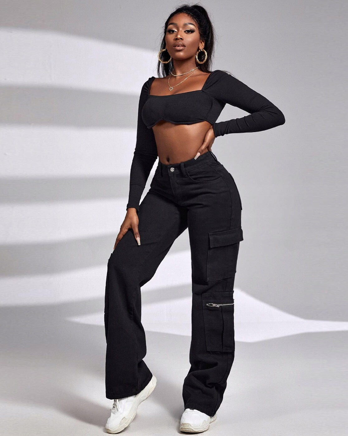 Vegles Women's Black Cargo Pants – High Waist, Wide Leg