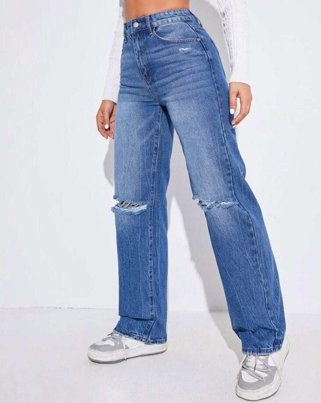 Vegles Women's Distressed Blue Wide-Leg High-Rise Jeans