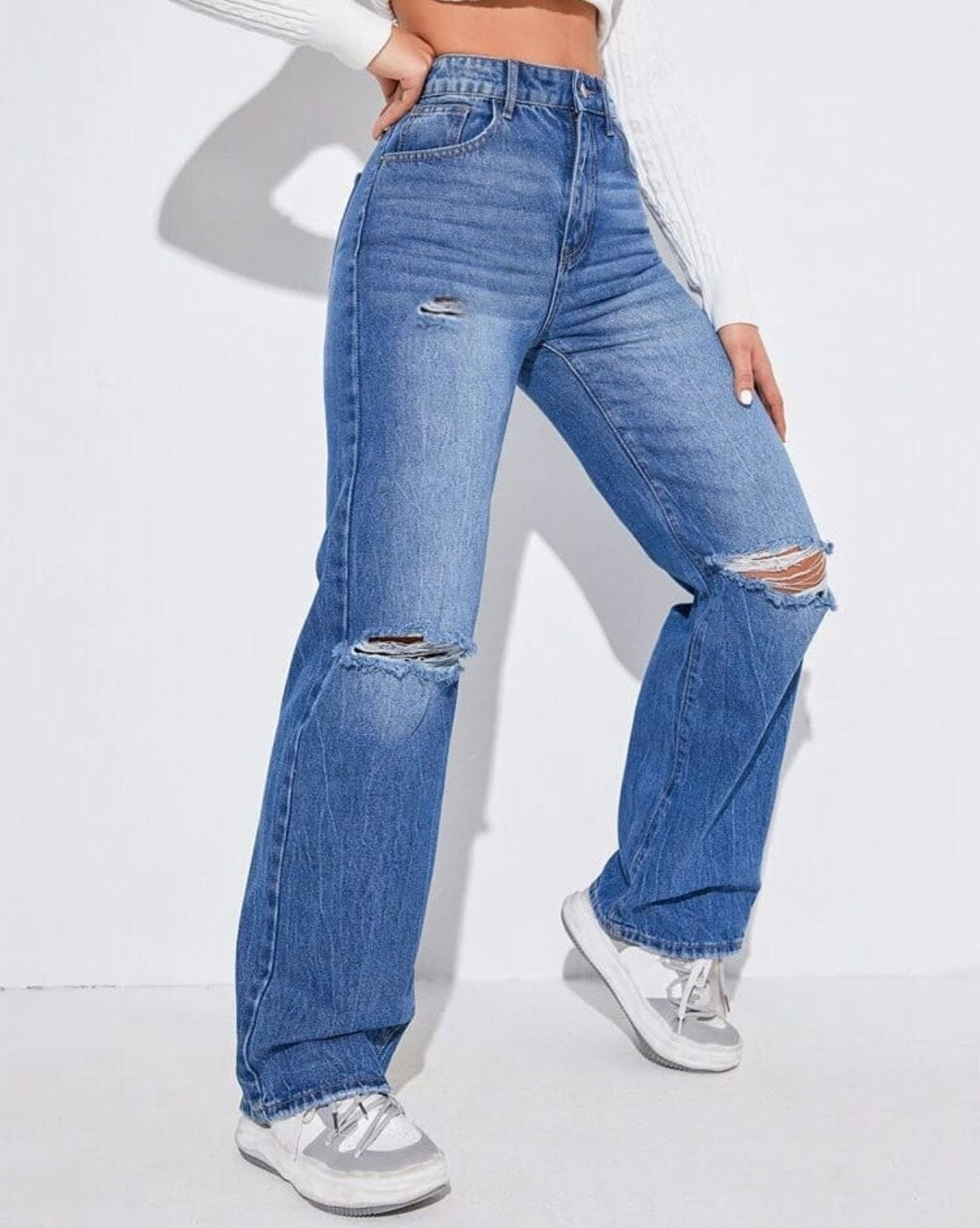 Vegles Women's Distressed Blue Wide-Leg High-Rise Jeans