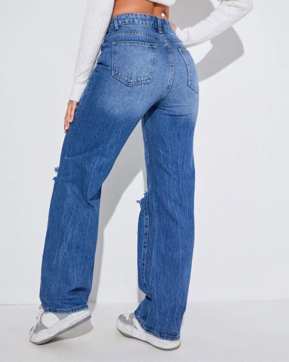 Vegles Women's Distressed Blue Wide-Leg High-Rise Jeans