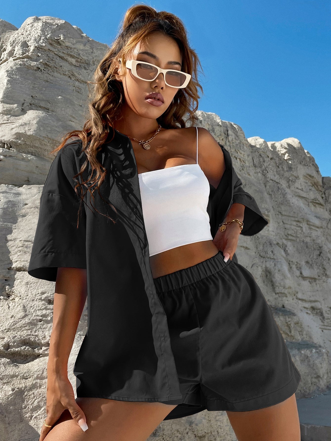 Vegles Solid Button Through Drop Shoulder Shirt & Shorts