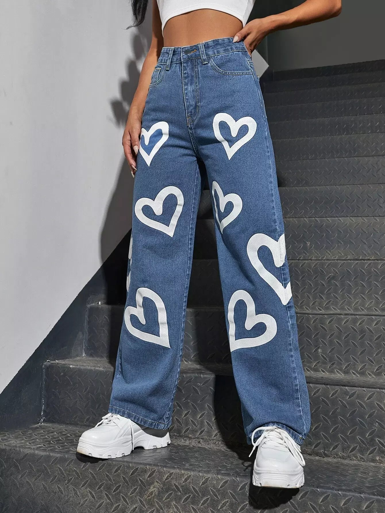 Vegles Women's High-Waist Heart Print Wide Leg Denim Jeans