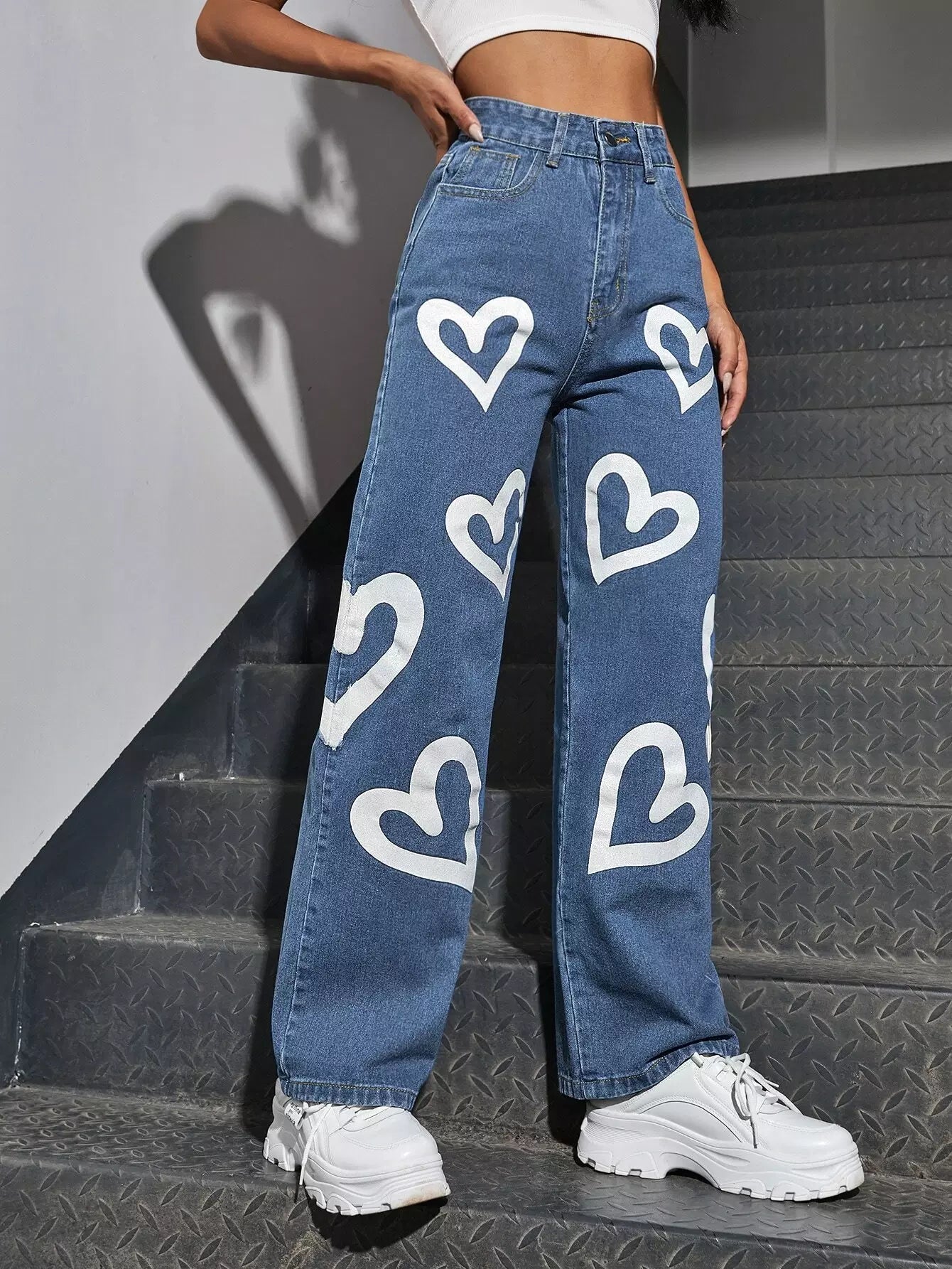 Vegles Women's High-Waist Heart Print Wide Leg Denim Jeans