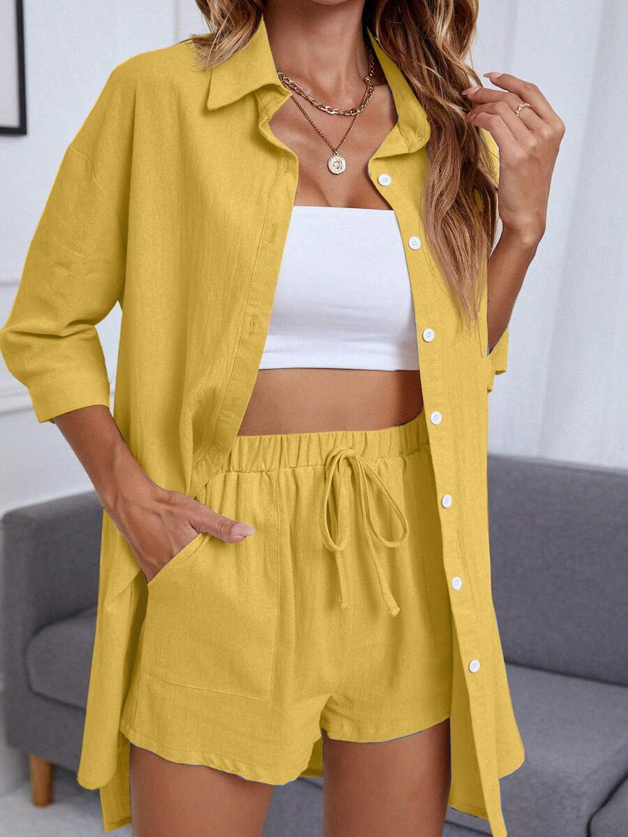 Vegles Button Up Drop Shoulder Blouse With Shorts