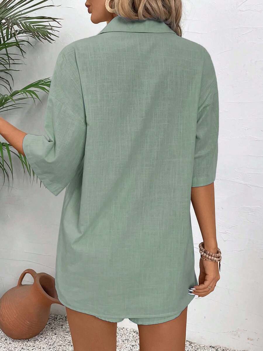 Vegles 2pcs Women Casual Plain Shirt Collar Button Up Blouse & Shorts Set