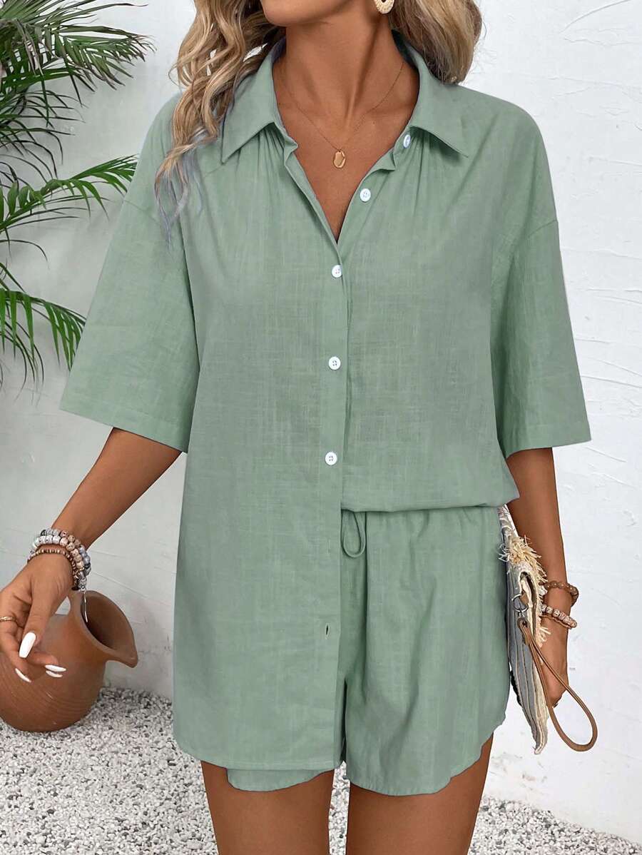 Vegles 2pcs Women Casual Plain Shirt Collar Button Up Blouse & Shorts Set