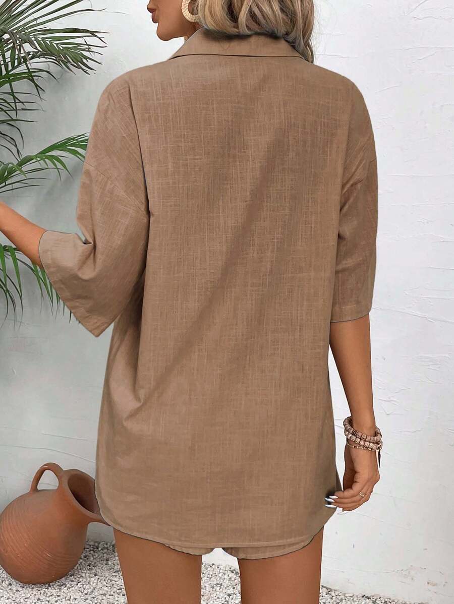 Vegles Women's Solid Color Button Front Short Sleeve Top And Shorts Casual 2 Pieces Set