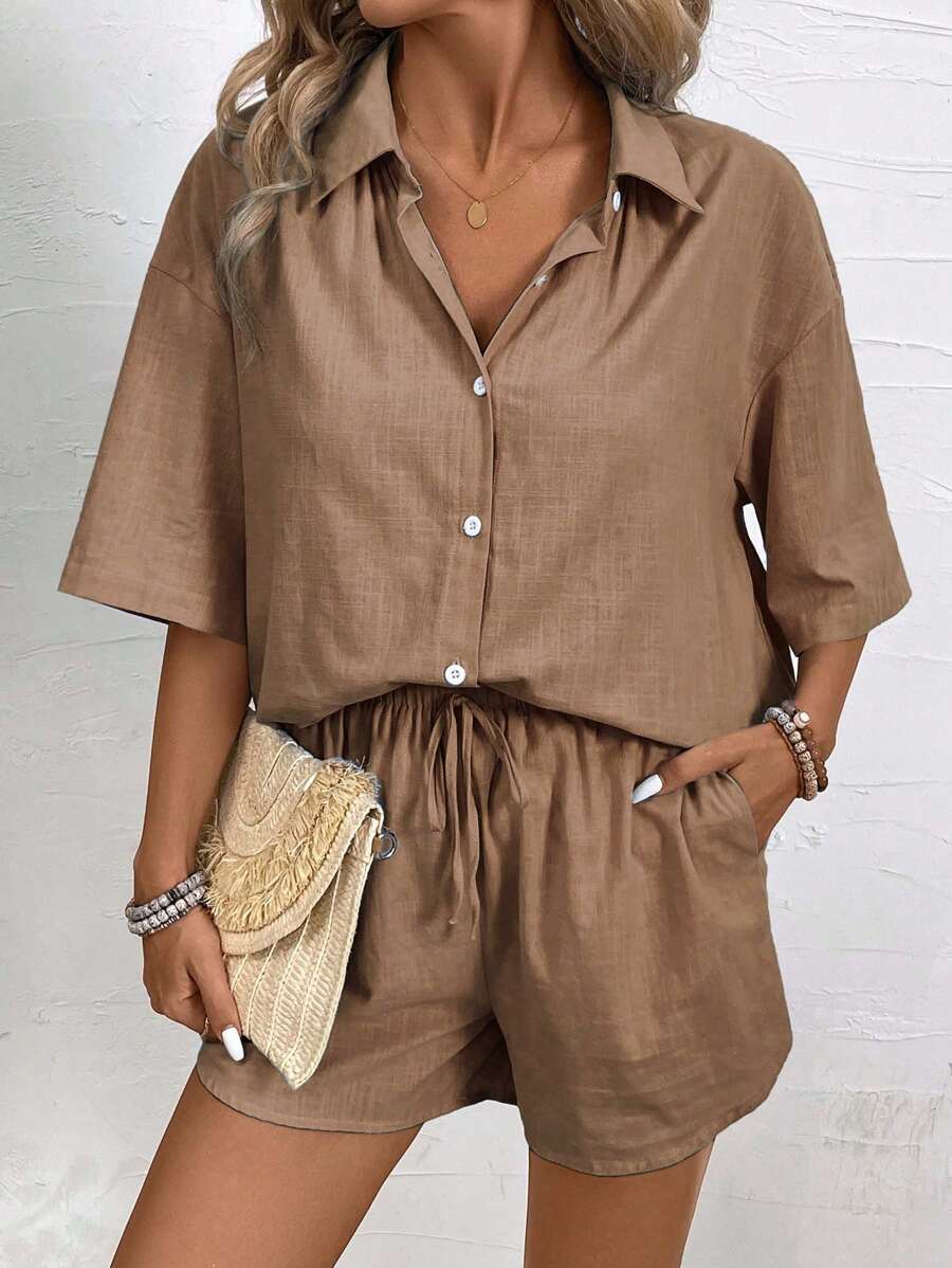 Vegles Women's Solid Color Button Front Short Sleeve Top And Shorts Casual 2 Pieces Set