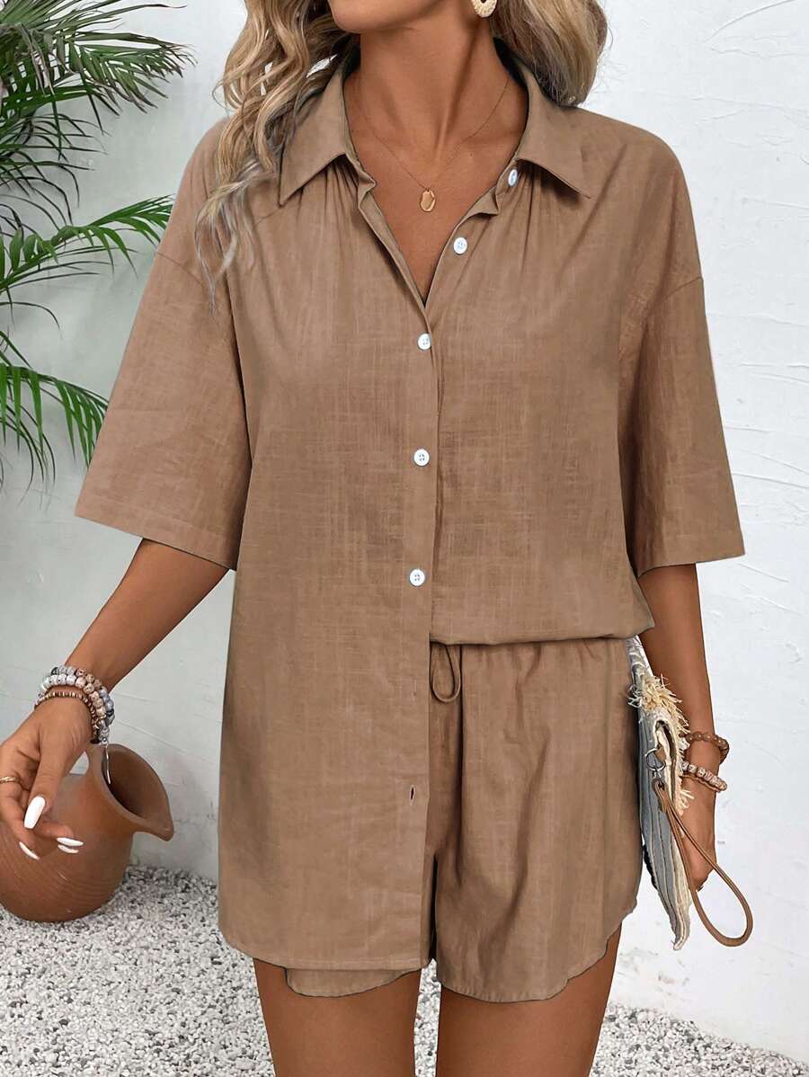 Vegles Women's Solid Color Button Front Short Sleeve Top And Shorts Casual 2 Pieces Set