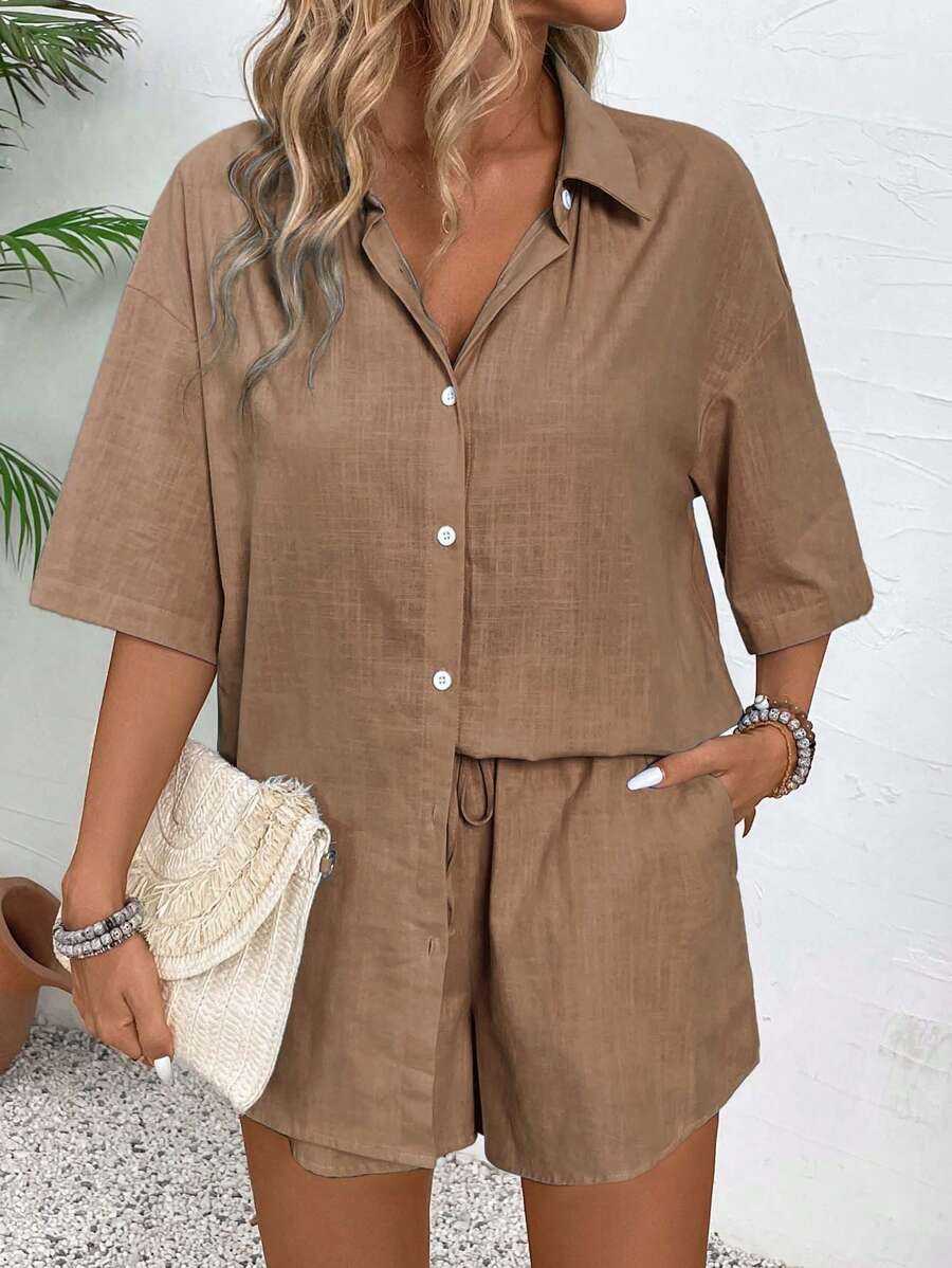 Vegles Women's Solid Color Button Front Short Sleeve Top And Shorts Casual 2 Pieces Set