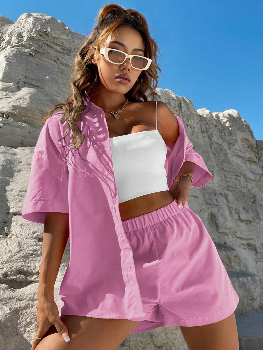 Vegles Solid Button Through Drop Shoulder Shirt & Shorts
