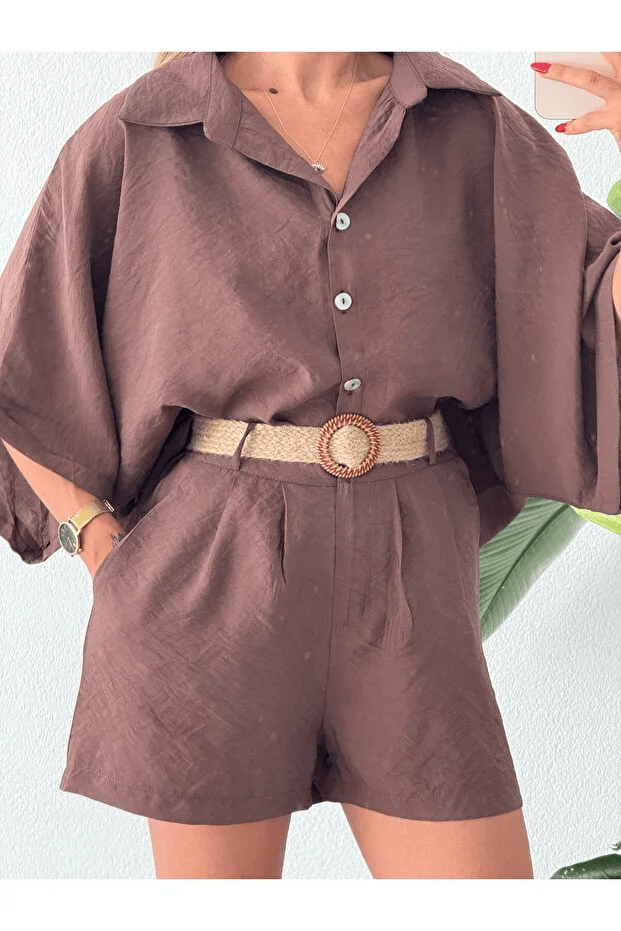 Vegles-Women’s  Co-ord Set (Shirt & Shorts) – Casual Chic Two-Piece Outfit