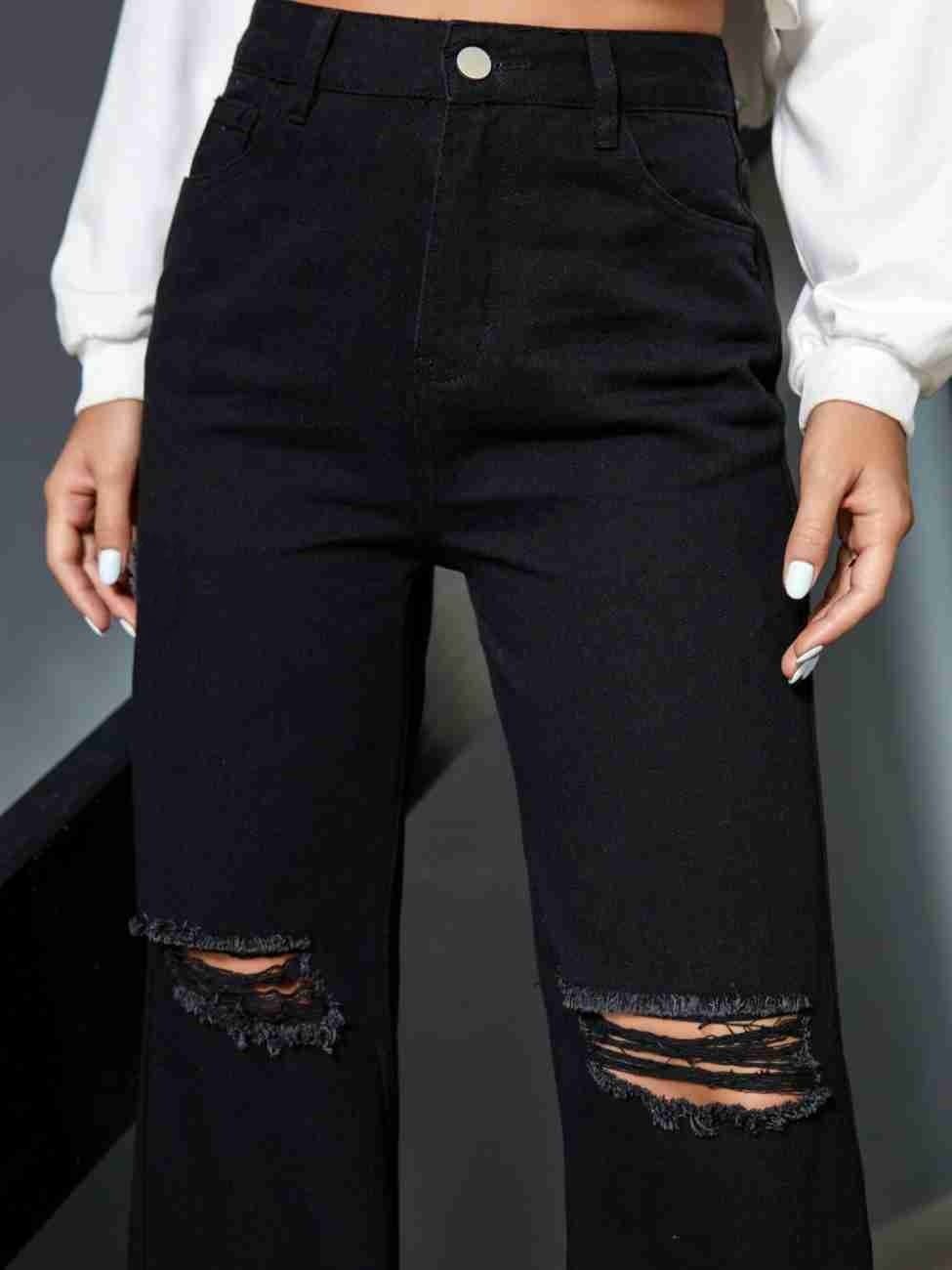 Vegles Women's Black Distressed Wide-Leg Jeans