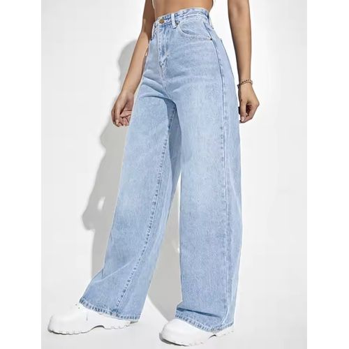 Vegles Women's High-Waisted Wide Leg Light Blue Jeans