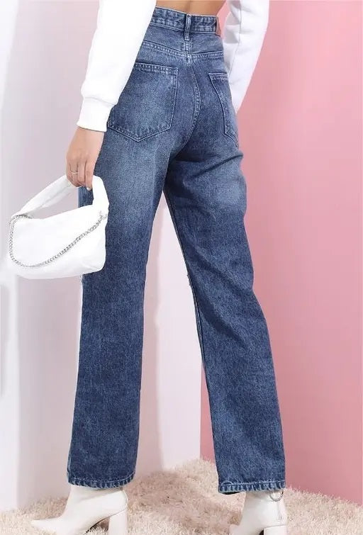 Vegles Women's Dark Wash Distressed Straight-Leg Jeans