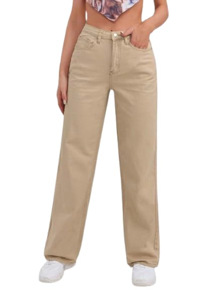 Vegles Women's High Waist Straight-Leg Khaki Jeans