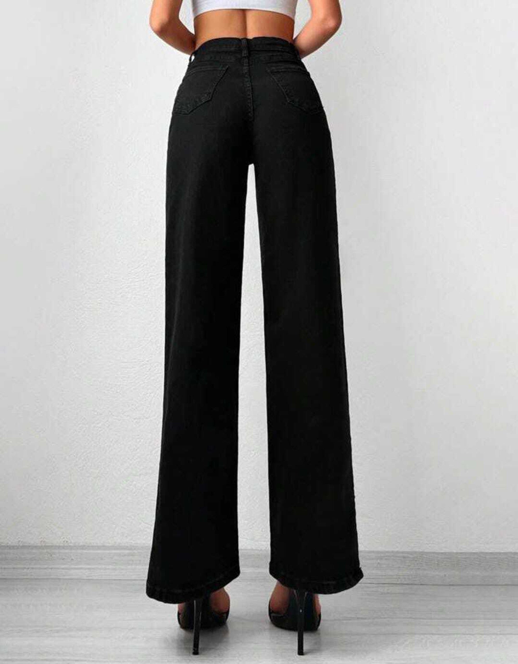 Vegles Women's Black High-Waist Wide-Leg Jeans