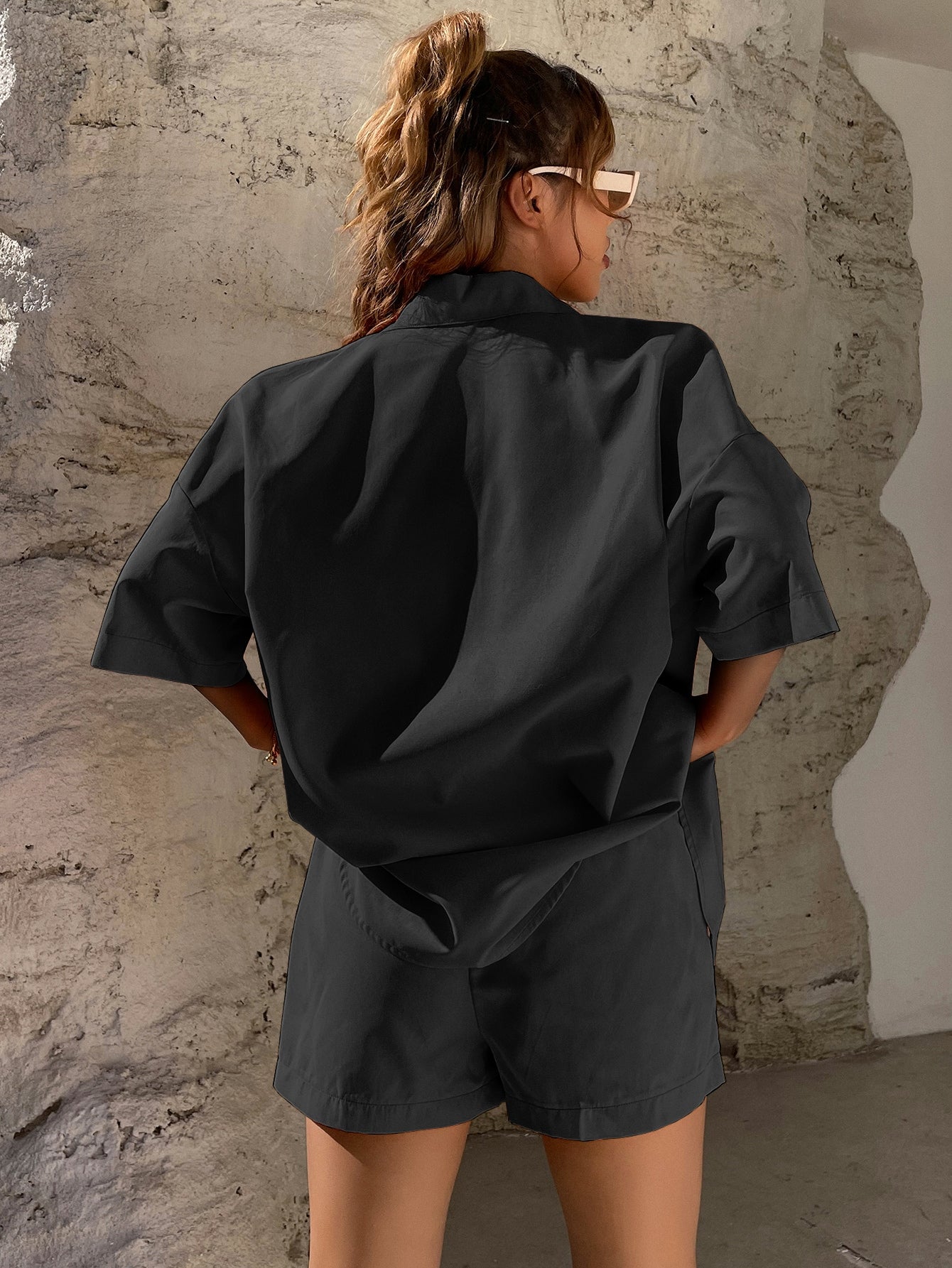 Vegles Solid Button Through Drop Shoulder Shirt & Shorts