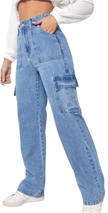 Vegles Women's Light Blue High-Rise Utility Cargo Jeans