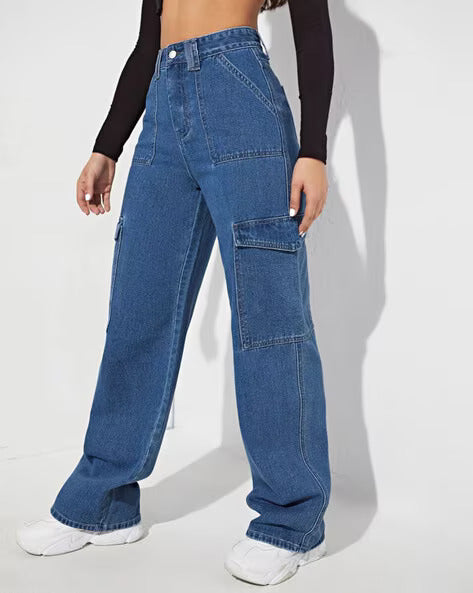 Vegles Women’s Blue Cargo Wide-Leg Jeans