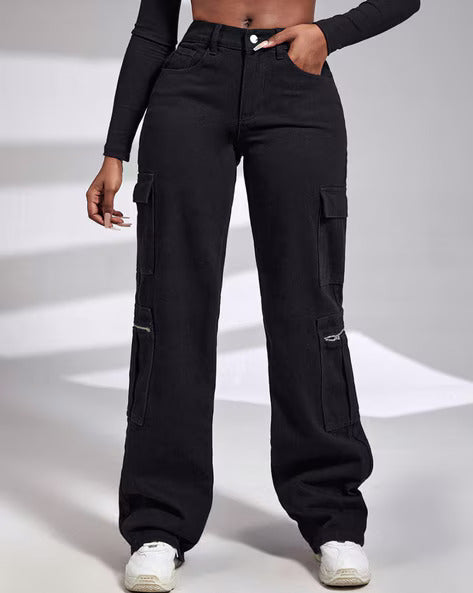 Vegles Women's Black Cargo Pants – High Waist, Wide Leg