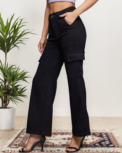 Vegles Women's Black Cargo Straight-Leg Jeans