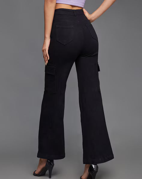 Vegles Women's Black Cargo Straight-Leg Jeans