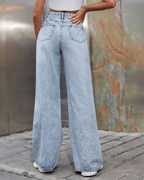 Vegles Women's Light Blue Distressed Wide-Leg Jeans