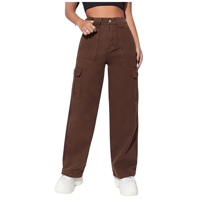Vegles Women's Brown High-Waist Cargo Wide-Leg Pants
