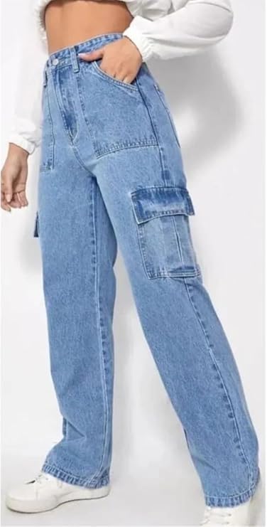 Vegles Women's Light Blue High-Rise Utility Cargo Jeans