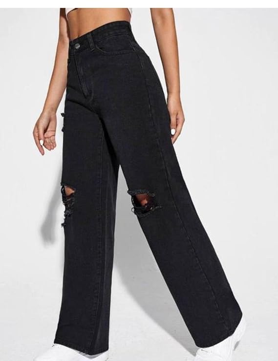 Vegles Women's Black High Waist Ripped Wide-Leg Jeans