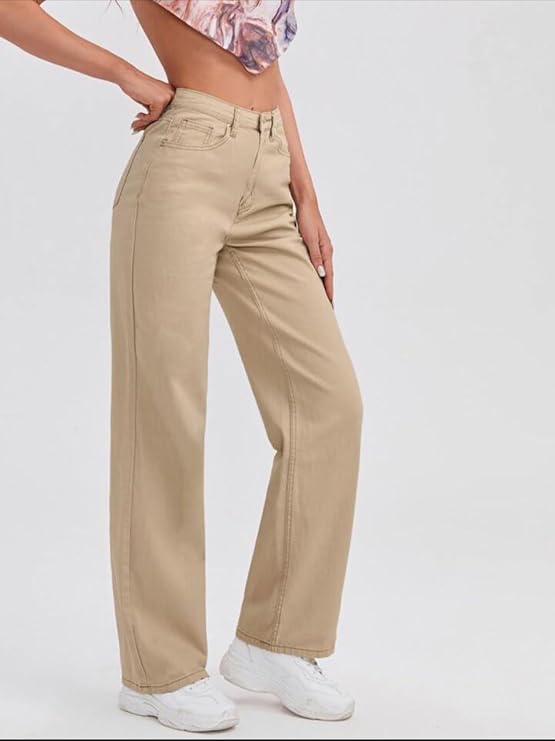 Vegles Women's High Waist Straight-Leg Khaki Jeans