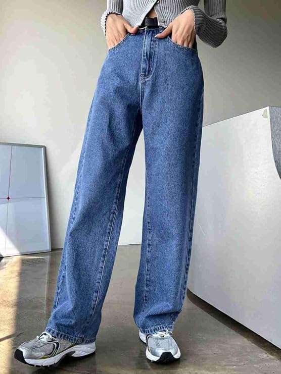 Vegles Women's High-Waisted Straight-Leg Blue Denim Jeans