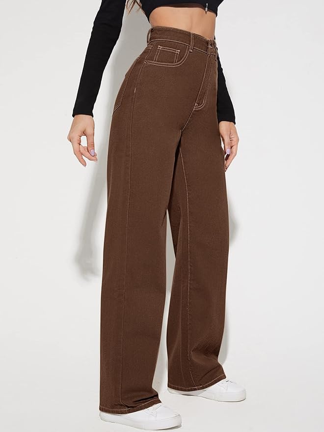 Vegles Women's High-Waist Wide-Leg Brown Denim Jeans