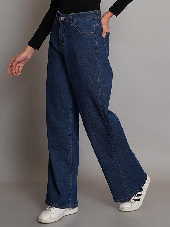 Vegles Women's Dark Blue Wide-Leg High-Waisted Denim Jeans