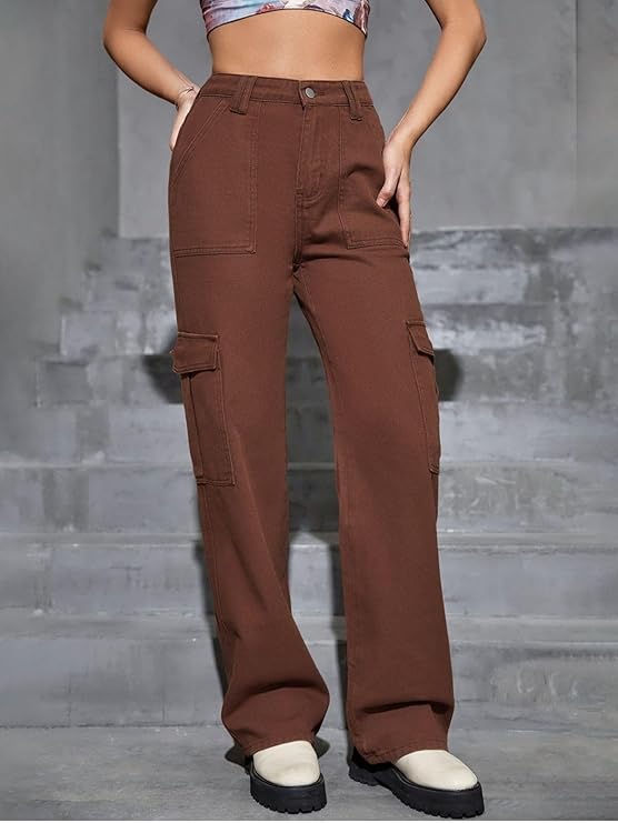 Vegles Women's Brown High-Waist Cargo Wide-Leg Pants