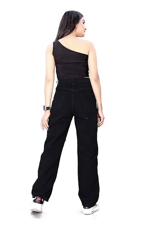 Vegles Women's Black Ripped High-Waist Straight Fit Jeans
