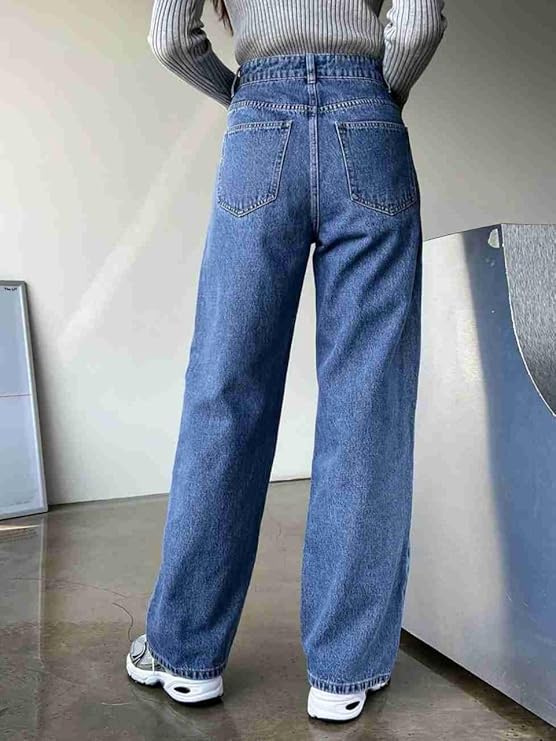 Vegles Women's High-Waisted Straight-Leg Blue Denim Jeans